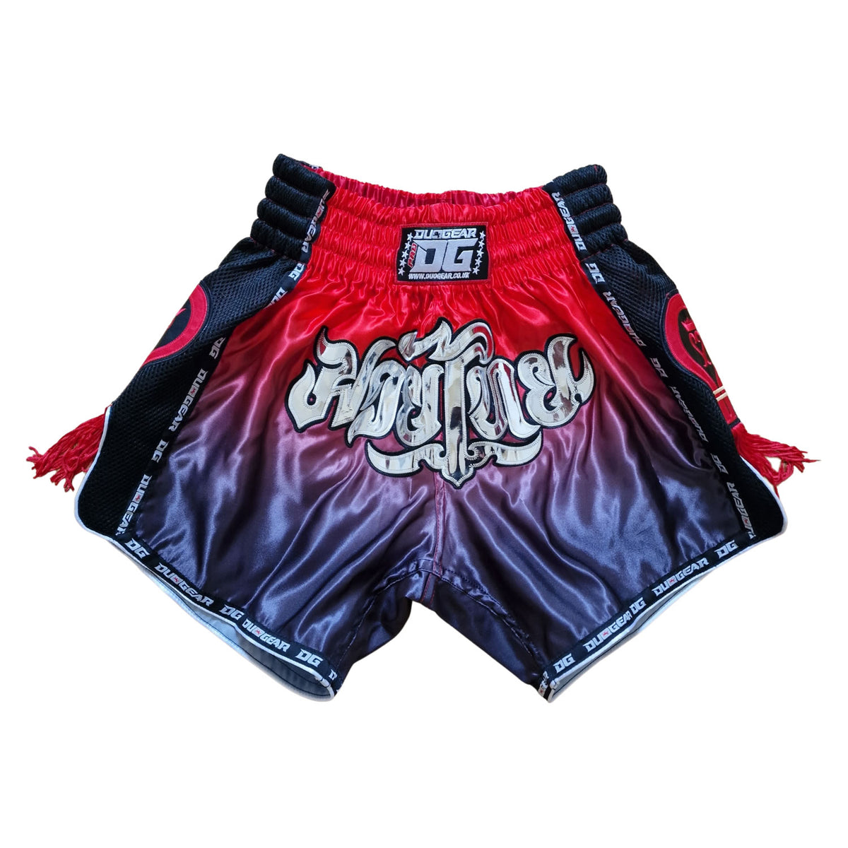 BLACK RED TASSLES MUAY THAI SHORTS - DUO GEAR UK